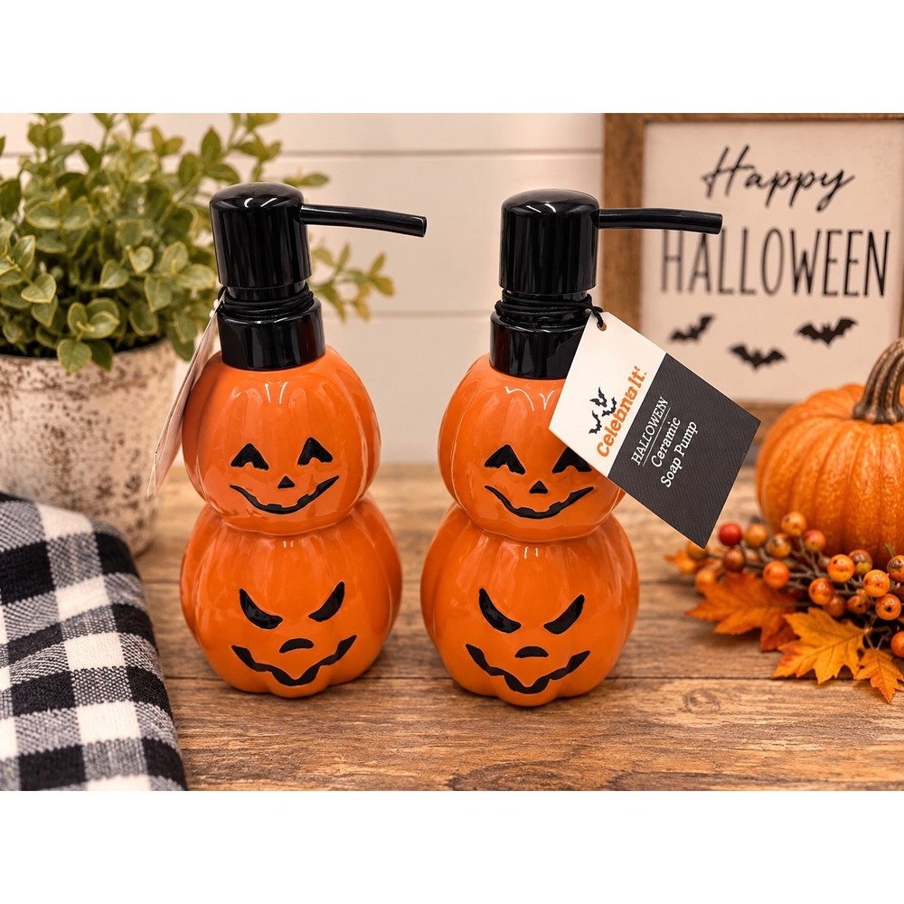NEW Celebrate It Halloween Ceramic Pumpkin Soap Dispensers 2 Jack O Lantern